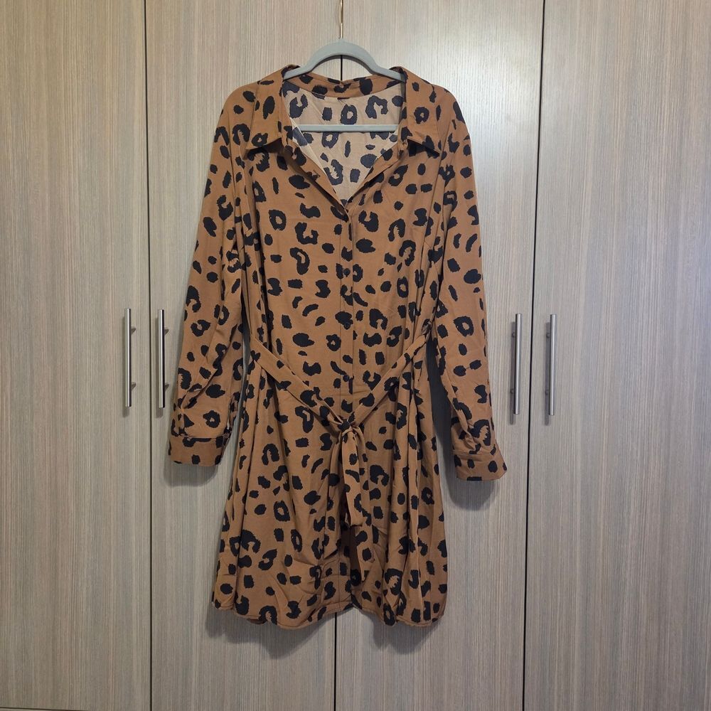 Leopard Print Long Sleeve Shirt Dress